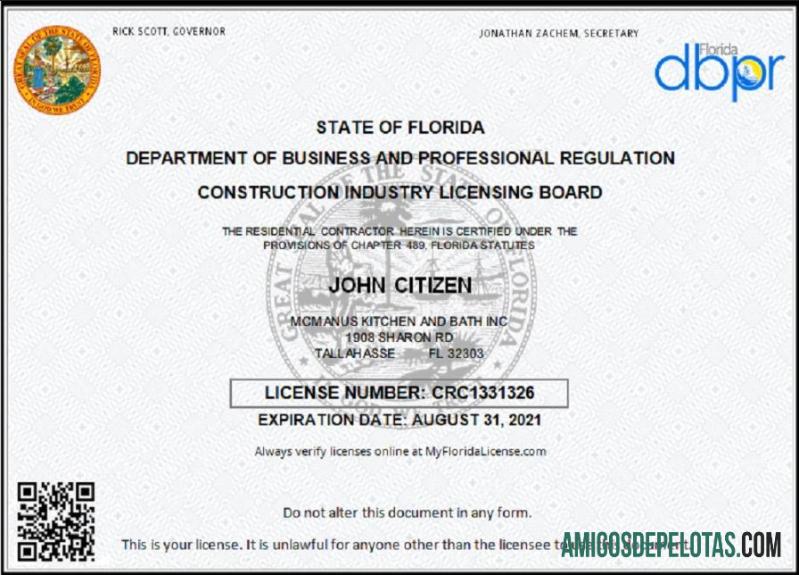 Licença comercial de empreiteiro nos EUA na Flórida amostra